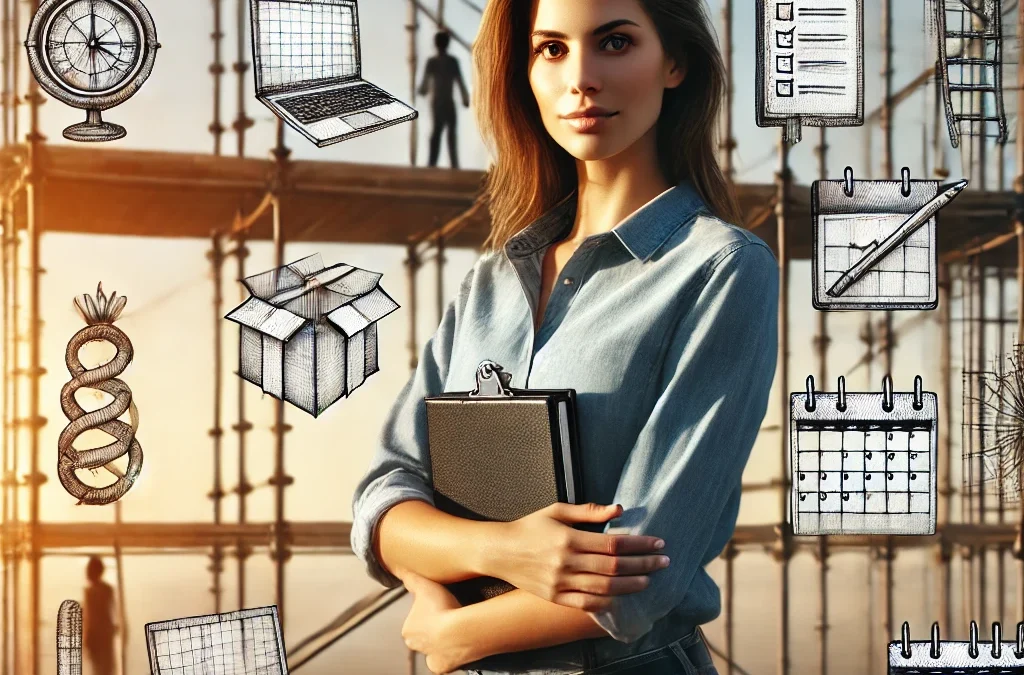A determined woman in her 30s stands confidently in front of an unfinished scaffold structure, representing the habits and consistency needed to build a strong business. She wears casual yet professional attire, exuding a sense of focus and preparedness. In her hands, she holds a clipboard, symbolizing organization, planning, and taking action. The scaffolding behind her subtly integrates symbolic elements— a laptop perched on one of the beams, a hanging calendar, and a checklist pinned to the framework—representing the structured routines that support business growth. The warm hues of a soft sunrise cast a golden glow over the scene, symbolizing new beginnings, perseverance, and steady progress. The composition of the image conveys a sense of ambition and resilience, visually reinforcing the idea that success is built on a strong foundation of habits and consistency.