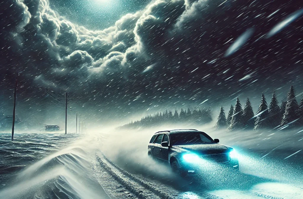 A photorealistic image of a dramatic snow and ice storm at night, with heavy snowfall and icy roads, evoking a sense of anticipation and uncertainty.